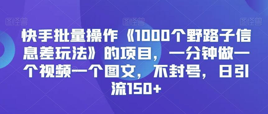 快手批量操作《1000个野路子信息差玩法》的项目，一分钟做一个视频一个图文，不封号，日引流150+【揭秘】-失落博客